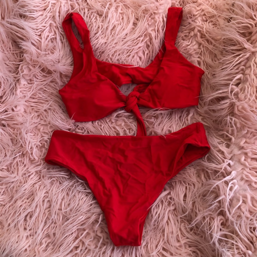 Red Tie Front Highwaisted Bikini